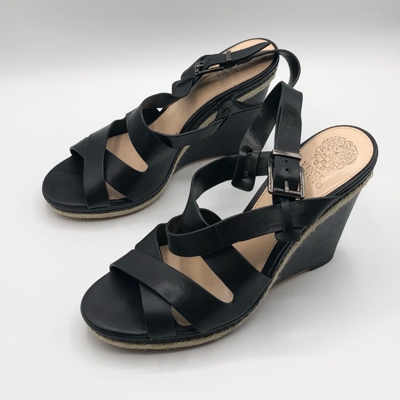 Vince Camuto Black Leather Strappy Espadrille Detail Wedge Heels Size 9.5 - Picture 2 of 8